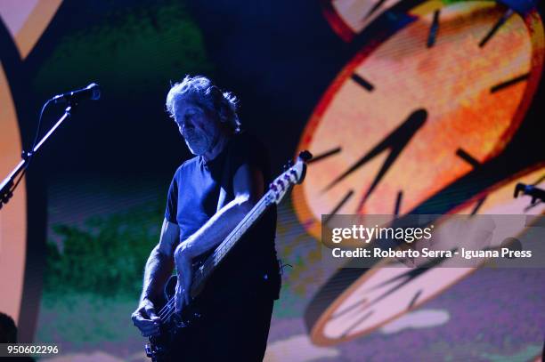 English musician Roger Waters ex leader of the Pink Floyd rock 'n' roll band performs on stage at Unipol Arena on April 21, 2018 in Bologna, Italy.