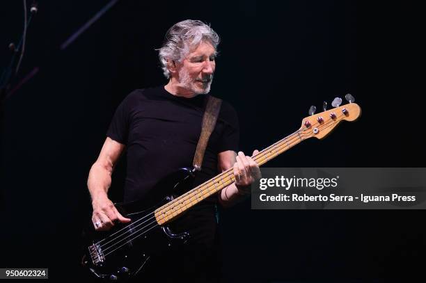 English musician Roger Waters ex leader of the Pink Floyd rock 'n' roll band performs on stage at Unipol Arena on April 21, 2018 in Bologna, Italy.