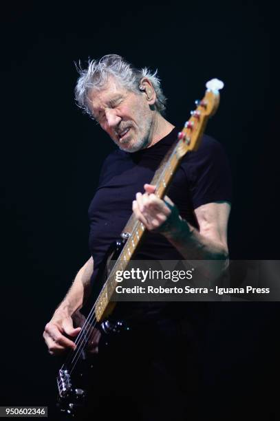 English musician Roger Waters ex leader of the Pink Floyd rock 'n' roll band performs on stage at Unipol Arena on April 21, 2018 in Bologna, Italy.