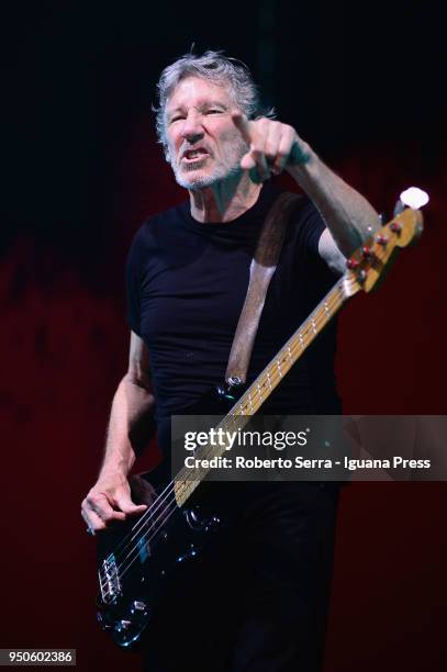 English musician Roger Waters ex leader of the Pink Floyd rock 'n' roll band performs on stage at Unipol Arena on April 21, 2018 in Bologna, Italy.