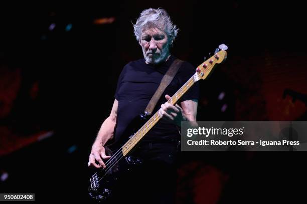 English musician Roger Waters ex leader of the Pink Floyd rock 'n' roll band performs on stage at Unipol Arena on April 21, 2018 in Bologna, Italy.