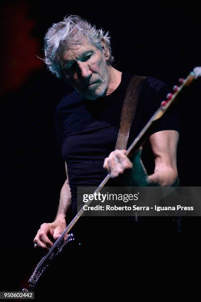 English musician Roger Waters ex leader of the Pink Floyd rock 'n' roll band performs on stage at Unipol Arena on April 21, 2018 in Bologna, Italy.