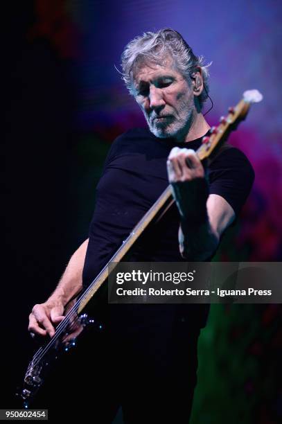 English musician Roger Waters ex leader of the Pink Floyd rock 'n' roll band performs on stage at Unipol Arena on April 21, 2018 in Bologna, Italy.