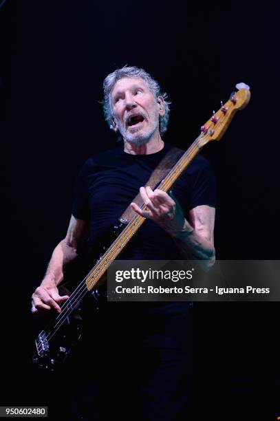 English musician Roger Waters ex leader of the Pink Floyd rock 'n' roll band performs on stage at Unipol Arena on April 21, 2018 in Bologna, Italy.