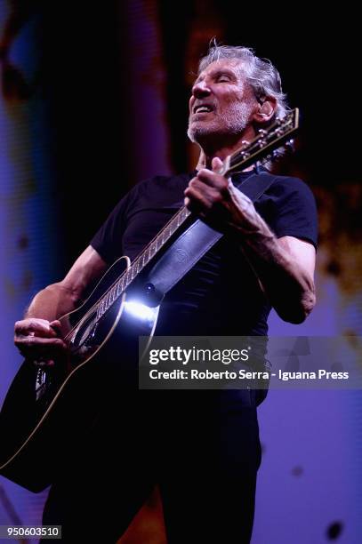 English musician Roger Waters ex leader of the Pink Floyd rock 'n' roll band performs on stage at Unipol Arena on April 21, 2018 in Bologna, Italy.