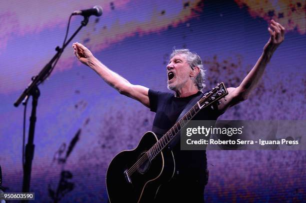 English musician Roger Waters ex leader of the Pink Floyd rock 'n' roll band performs on stage at Unipol Arena on April 21, 2018 in Bologna, Italy.