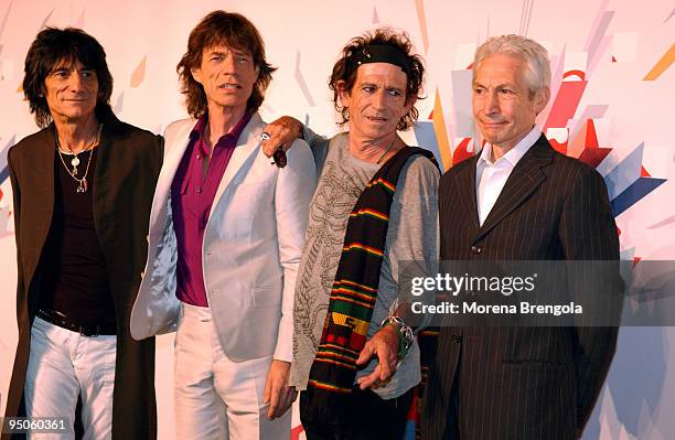 Ron Wood, Mick Jagger, Keith Richards and Charlie Watts of The Rolling Stones attend a photocall to launch their World tour on July 10, 2006 in...