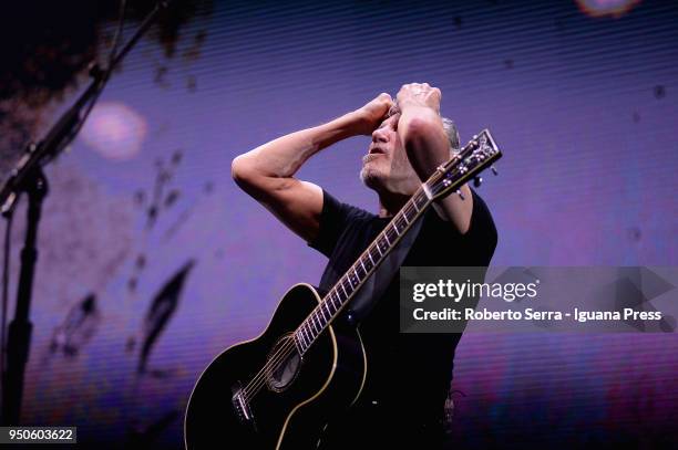 English musician Roger Waters ex leader of the Pink Floyd rock 'n' roll band performs on stage at Unipol Arena on April 21, 2018 in Bologna, Italy.