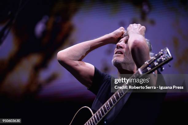 English musician Roger Waters ex leader of the Pink Floyd rock 'n' roll band performs on stage at Unipol Arena on April 21, 2018 in Bologna, Italy.