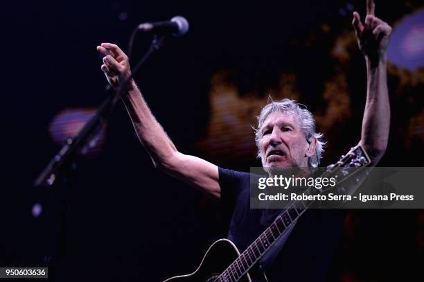 English musician Roger Waters ex leader of the Pink Floyd rock 'n' roll band performs on stage at Unipol Arena on April 21, 2018 in Bologna, Italy.