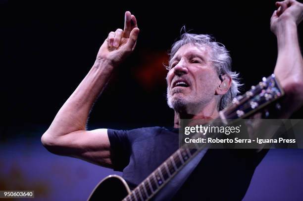 English musician Roger Waters ex leader of the Pink Floyd rock 'n' roll band performs on stage at Unipol Arena on April 21, 2018 in Bologna, Italy.