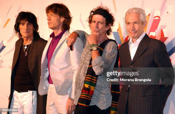 Ron Wood, Mick Jagger, Keith Richards and Charlie Watts of The Rolling Stones attend a photocall to launch their World tour on July 10, 2006 in...