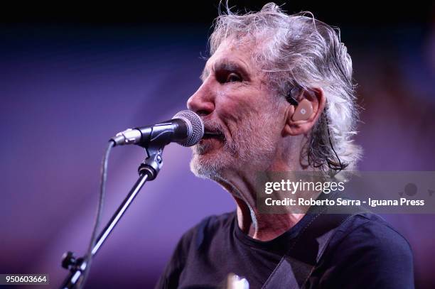 English musician Roger Waters ex leader of the Pink Floyd rock 'n' roll band performs on stage at Unipol Arena on April 21, 2018 in Bologna, Italy.