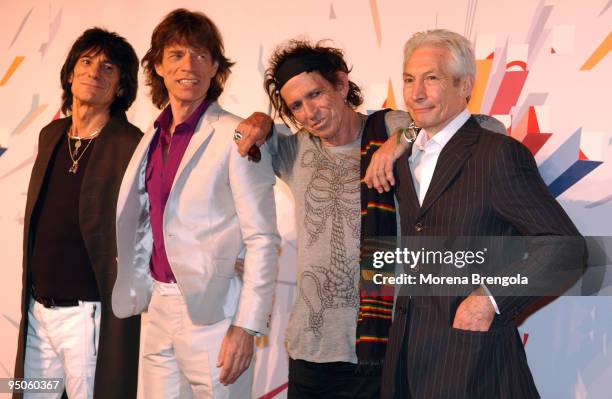 Ron Wood, Mick Jagger, Keith Richards and Charlie Watts of The Rolling Stones attend a photocall to launch their World tour on July 10, 2006 in...