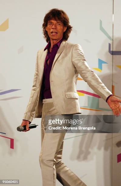 Mick Jagger of the Rolling Stones attends a photocall to launch their World tour on July 10, 2006 in Milan, Italy.