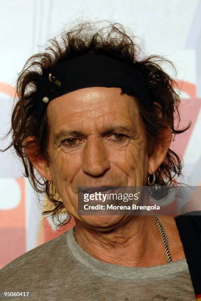 Guitarist Keith Richards of the Rolling Stones attends a photocall to launch their World tour on July 10, 2006 in Milan, Italy.