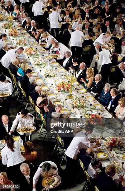 Guests sit at the Nobel banquet in the Stockholm Town Hall on December 10, 2009 during the Nobel prize award ceremony at the Stockholm Concert Hall...