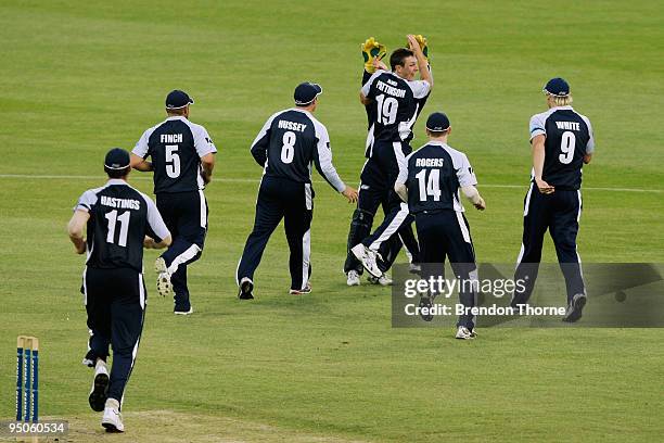 James Pattinson celebrates with team mates after tacking 6 wickets during the Ford Ranger Cup match between the New South Wales Blues and the...