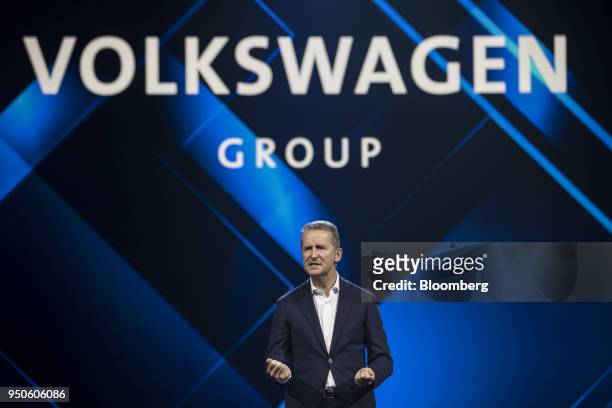 Herbert Diess, chief executive officer of Volkswagen AG , speaks at a media event ahead of the Beijing International Automotive Exhibition, in...