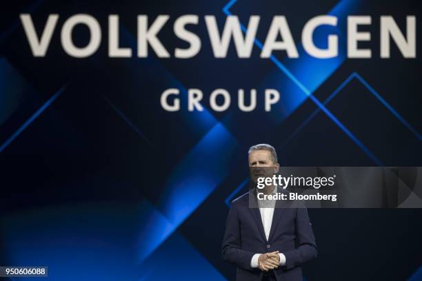 Herbert Diess, chief executive officer of Volkswagen AG , speaks at a media event ahead of the Beijing International Automotive Exhibition, in...