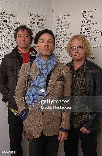 Portrait session with REM. Peter Buck, Michael Stipe and Mike Mills.