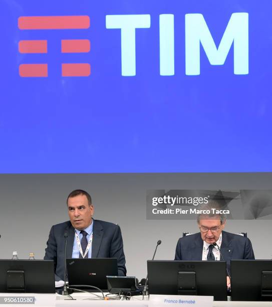 Amos Genish, CEO of TIM Telecom Group and Franco Bernabe, Vice President of TIM Telecom Group attend the Telecom Shareholders' Meeting on April 24,...