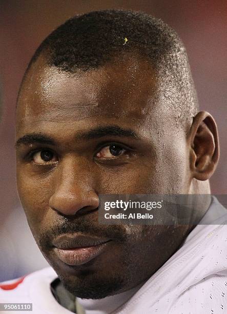 Brandon Jacobs of the New York Giants looks on against the Washington Redskinsduring their game on December 21, 2009 at Fedex Field in Landover,...