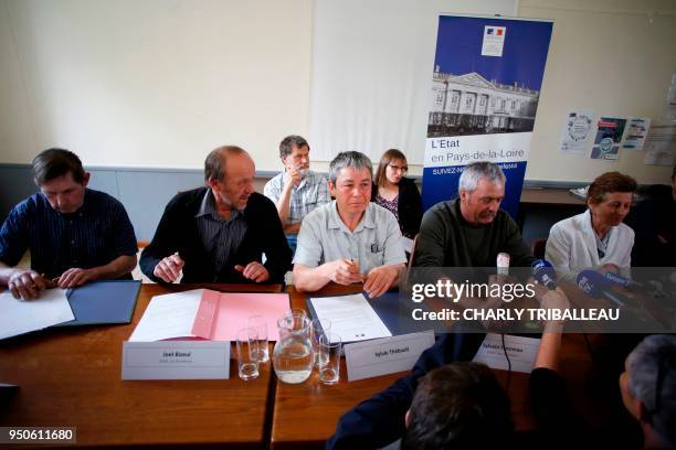 French farmers of the ZAD , Herve Bezier, Joel Bizeul, Sylvie Thebault, Sylvain Fresneau and the Prefect of the Pays de la Loire region Nicole Klein...