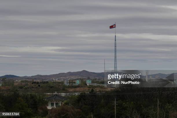 April 24, 2018-Paju, South Korea-a View of North Korean Ki Jung Dong village in DMZ, South Korea. Inter Korean summit held on April 26 Two day...