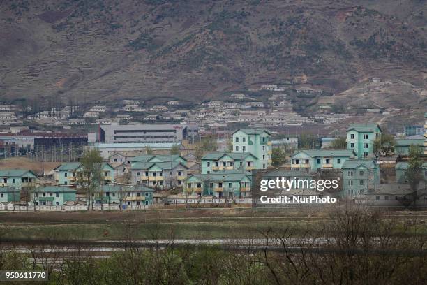 April 24, 2018-Paju, South Korea-a View of North Korean Ki Jung Dong village in DMZ, South Korea. Inter Korean summit held on April 26 Two day...