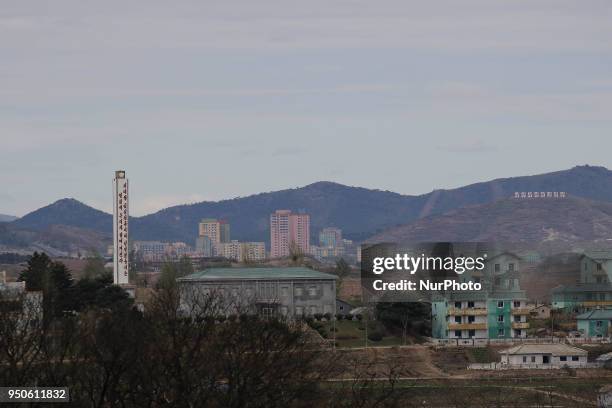 April 24, 2018-Paju, South Korea-a View of North Korean Ki Jung Dong village in DMZ, South Korea. Inter Korean summit held on April 26 Two day...