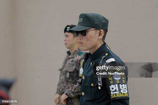 April 24, 2018-Paju, South Korea-South Korean Military stand guard their check area at Deaesung Dong Freedm village in DMZ, South Korea. Inter Korean...