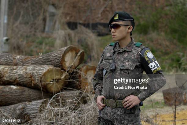 April 24, 2018-Paju, South Korea-South Korean Military stand guard their check area at Deaesung Dong Freedm village in DMZ, South Korea. Inter Korean...