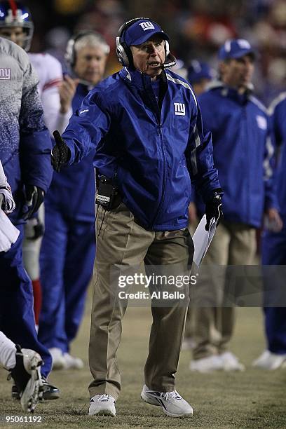Tom Coughlin, Head Coach of the New York Giants looks on against Tom Coughlin during their game on December 21, 2009 at Fedex Field in Landover,...