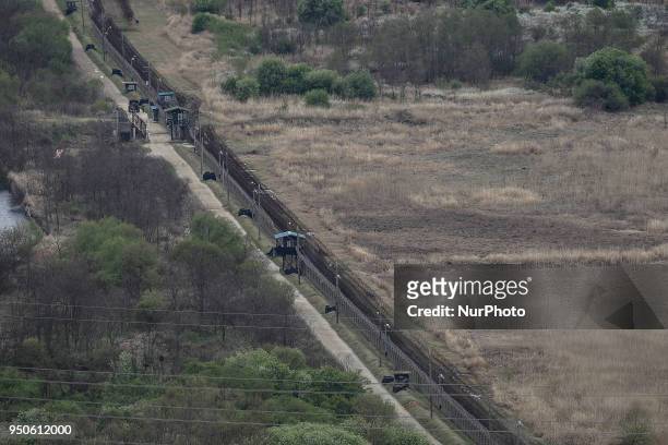 April 24, 2018-Paju, South Korea-A view of South Korean Military Defense Line in DMZ, South Korea. Inter Korean summit held on April 26 Two day...
