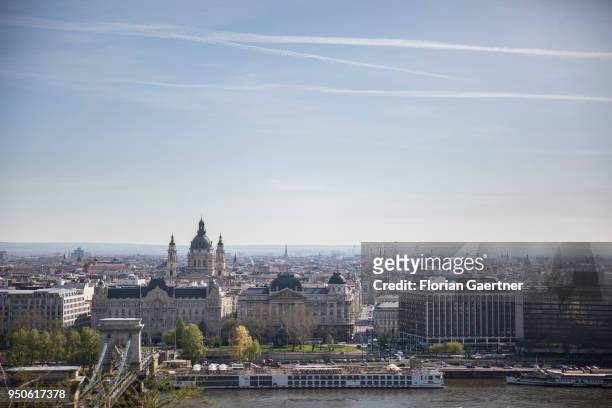 View to the Szent István-bazilika and the river Donau on April 14, 2018 in Budapest, Hungary.