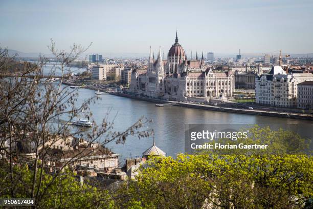 View to the Országház, Parliament of Hungary, on April 14, 2018 in Budapest, Hungary.