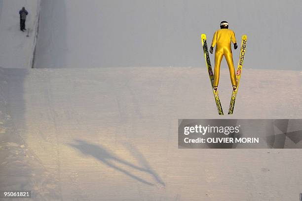 Skier trains on the ski jump at the stadium in Ruka during an unofficial training session on November 26, 2008 in Kuusamo-Ruka ahead of the...