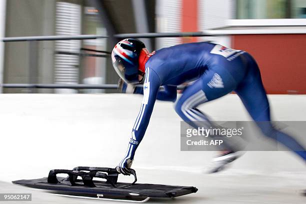 Skeleton athlete starts the course during practice on November 2, 2009 at the Whistler Sliding Centre in Whistler, Vacouver, Canada. THe Vancouver...