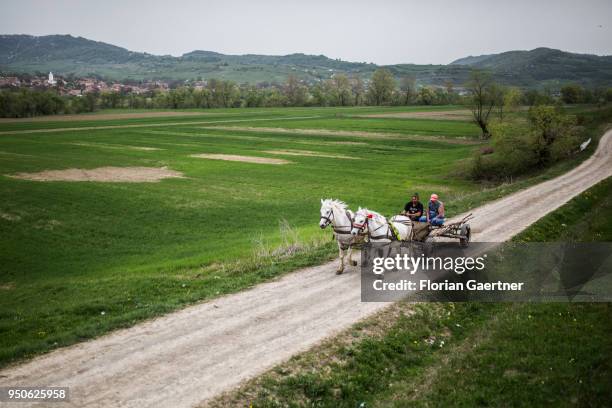 Two people on a horse-drawn carriage are pictured on April 17, 2018 in Porumbenii Mari, Romania.