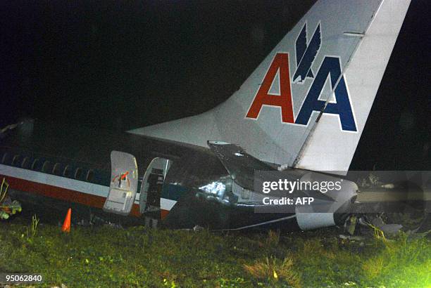 An American Airlines jet is seen after overshooting the runway at Norman Manley International Airport in Kingston, Jamaica on December 22, 2009. The...