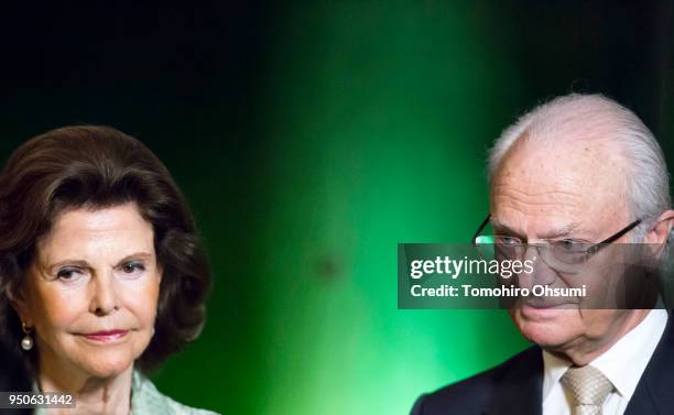 King Carl XVI Gustaf of Sweden and Queen Silvia of Sweden are interviewed by the media on April 24, 2018 in Tokyo, Japan. King Carl Gustav and Queen...