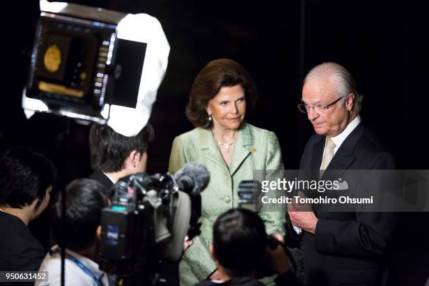 King Carl XVI Gustaf of Sweden, right, and Queen Silvia of Sweden are interviewed by the media on April 24, 2018 in Tokyo, Japan. King Carl Gustav...