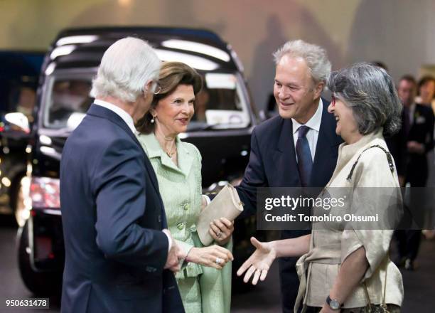 King Carl XVI Gustaf of Sweden, left, and Queen Silvia of Sweden, second from left, are greeted by Swedish Ambassador to Japan Magnus Robach, second...