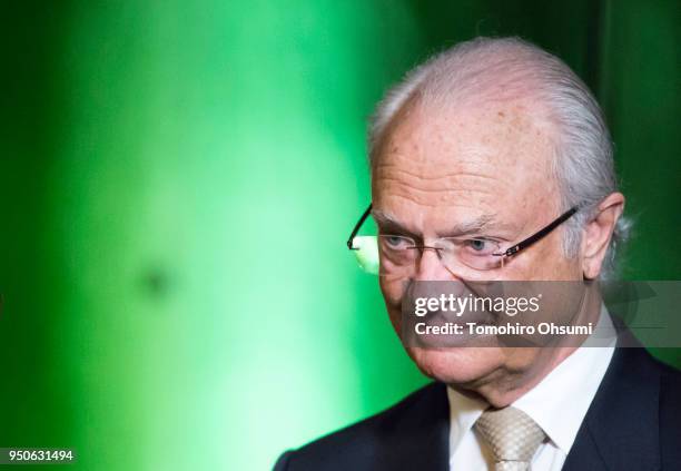 King Carl XVI Gustaf of Sweden is seen as he is interviewed by the media on April 24, 2018 in Tokyo, Japan. King Carl Gustav and Queen Silvia of...