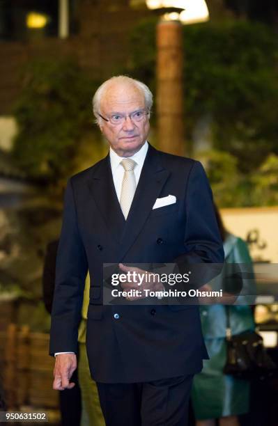 King Carl XVI Gustaf of Sweden arrives for a banquet on April 24, 2018 in Tokyo, Japan. King Carl Gustav and Queen Silvia of Sweden are visiting...