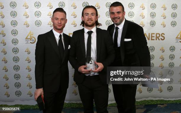 Peterborough United's Jack Marriott poses with the PFA League One Team of the Year award during the 2018 PFA Awards at the Grosvenor House Hotel,...