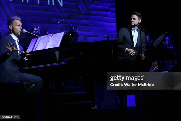 Justin Paul and Benj Pasek performing at the Dramatists Guild Foundation toast to Stephen Schwartz with a 70th Birthday Celebration Concert at The...