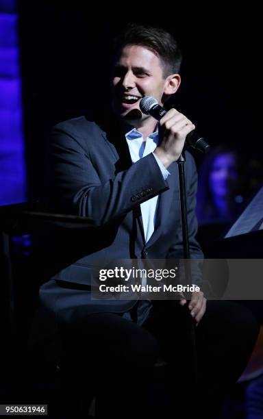 Benj Pasek performing at the Dramatists Guild Foundation toast to Stephen Schwartz with a 70th Birthday Celebration Concert at The Hudson Theatre on...