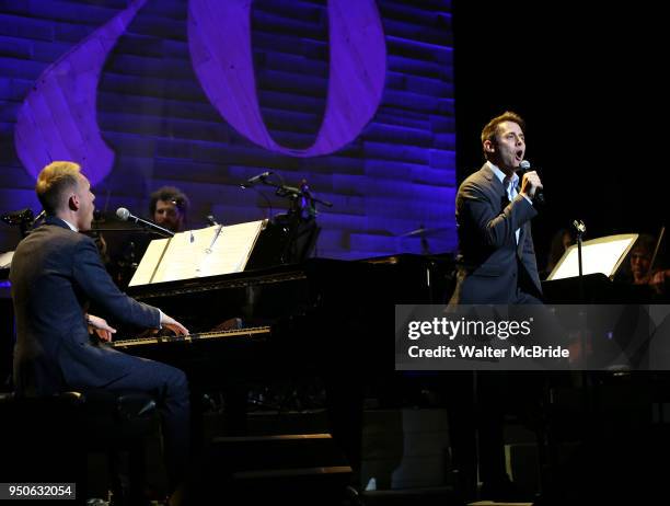 Justin Paul and Benj Pasek performing at the Dramatists Guild Foundation toast to Stephen Schwartz with a 70th Birthday Celebration Concert at The...